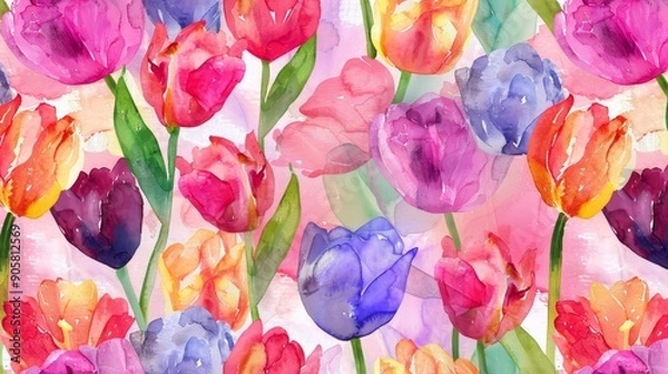 Obraz Watercolor Seamless Pattern with Colorful Tulips