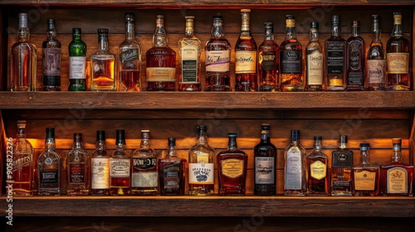 Fototapeta Bar shelves filled with generic liqour bottles lined up background wallpaper