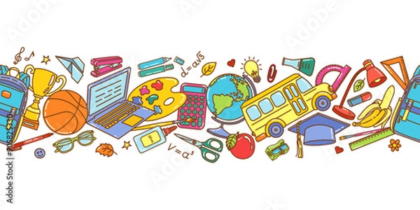 Fototapeta Colorful vector school themed seamless border featuring a variety of educational supplies and tools