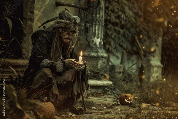 Fototapeta Witch in Dark Garb Holding Candle by Old House in Autumn at Dusk