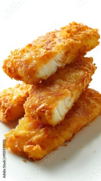Fototapeta Golden Crispy Fried Fish Fingers Macro View on White Background - Irresistible Appetizing Bite for Food Enthusiasts and Bloggers.