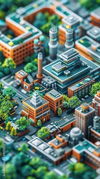 Fototapeta A detailed miniature city model with buildings, streets, and greenery, showcasing urban design and architecture in a vibrant setting.