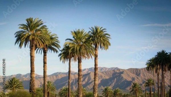 Obraz palm trees with mountain range background in la quinta california in the coachella valley