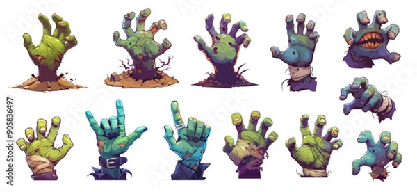 Fototapeta Cartoon zombie hands gestures set. Vector halloween scary dead monster rotten green and blue arms. Spooky undead hand rising from cemetery ground, isolated on white background