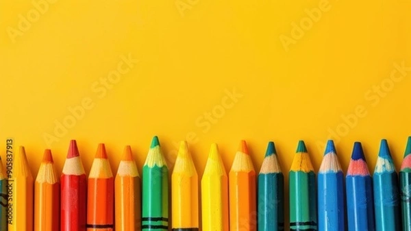 Obraz Colorful pencils arranged in row on yellow background