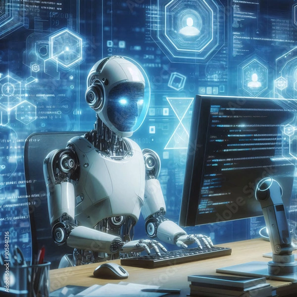 Fototapeta Futuristic robot using computer to code in a high-tech environment