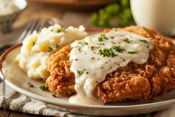 Fototapeta Delicious chicken fried steak with creamy gravy and mashed potatoes on the side