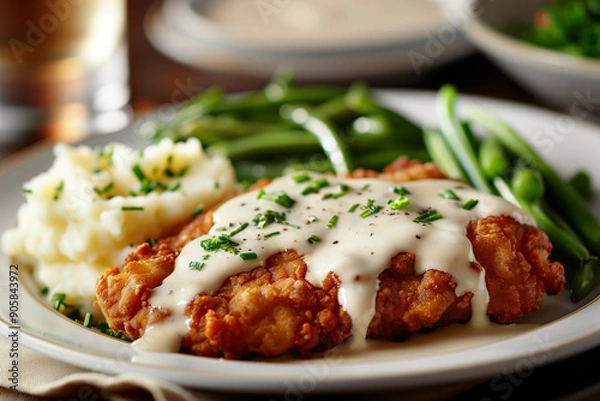 Fototapeta Golden brown chicken fried steak with creamy gravy served on a white plate with mashed potatoes and green beans on the side