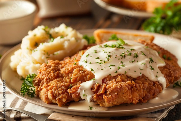 Fototapeta Plate of chicken fried steak with creamy gravy and mashed potatoes on the side