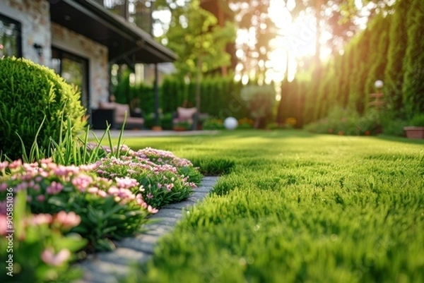 Fototapeta Perfect manicured lawn and flowerbed with shrubs