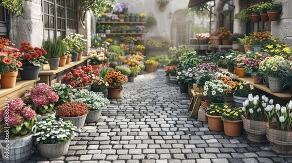 Fototapeta Cobblestone Path Lined with Flower Pots.