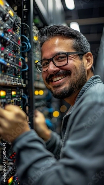 Fototapeta Joyful IT Professional: A High-Resolution Illustration of a Man Smiling Happily While Working in a Server Room, Engaged in System Updates, Firmware Installations, and Software Development.