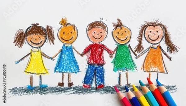 Fototapeta A drawing of a family children holding hands.