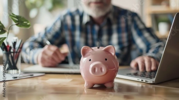 Fototapeta Piggy bank standing on desk with blurred retired man using laptop and doing accounting in background..