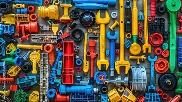 Fototapeta Colorful plastic tools and objects arranged in a grid pattern.