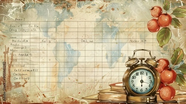 Fototapeta Vintage alarm clock with apples on a gridded background.