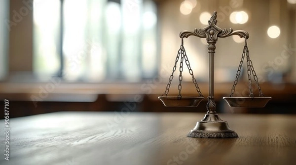 Obraz courtroom scale closeup judge desk trial symbolism gavel justice