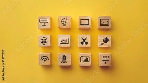 Fototapeta Digital copyright and patents Wooden blocks with various icons including copyright symbol, light bulb, scale, handshake and certification. on a yellow background