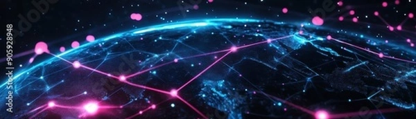 Fototapeta Cultural symbols from around the world, interconnected by global communication lines, technology icons, digital network, futuristic neon aesthetics