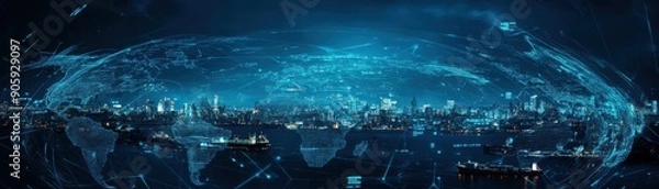 Fototapeta Global map overlay with cargo ships and trade routes, digital representation of international logistics, blue tones, futuristic style, HD quality