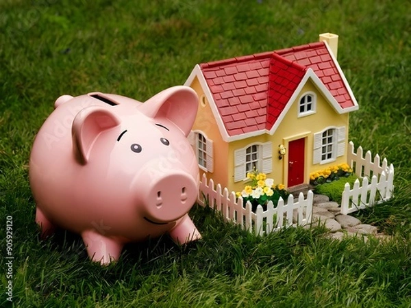 Fototapeta money safe next to a property, coins, financing. Generative AI.