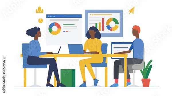 Fototapeta Business people team analyzing financial data charts using laptops working together in office