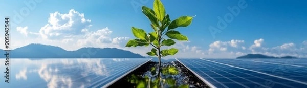 Obraz A green plant growing on solar panels, symbolizing renewable energy and sustainable development in a beautiful landscape.