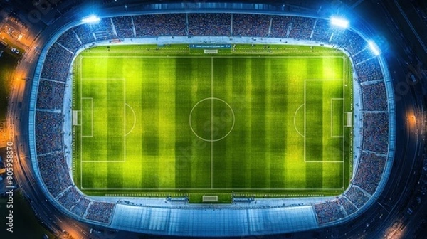 Fototapeta Aerial view of illuminated football stadium at night showcasing bright field and surrounding stands filled with spectators.