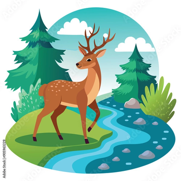 Fototapeta A Deer Standing by a River in a Lush Forest