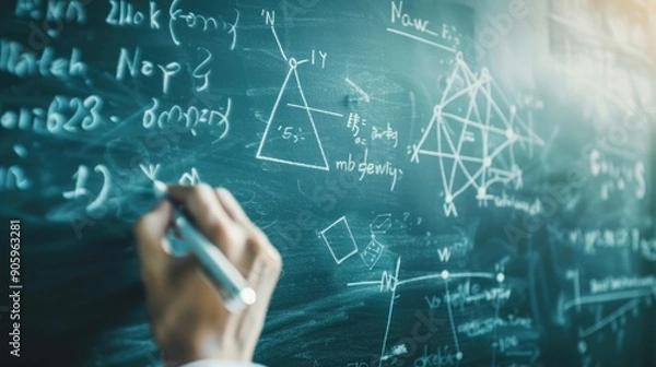 Fototapeta Algebra handwritten on a school blackboard, with complicated mathematical formulas filling the blackboard background and geometric shapes with white chalk. The background is blurred