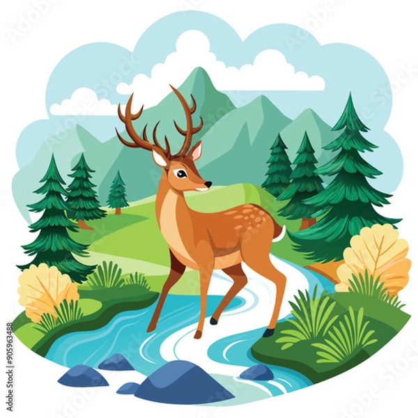 Fototapeta Deer Standing in a River with Green Trees and Mountains in the Background
