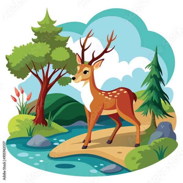 Fototapeta A Deer Standing on a Sandy Bank Near a Stream in a Forest