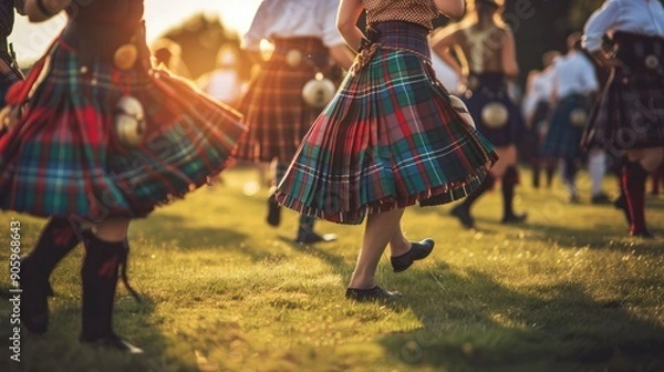 Fototapeta Closeup of a woman's legs in a kilt, dancing in a field.
