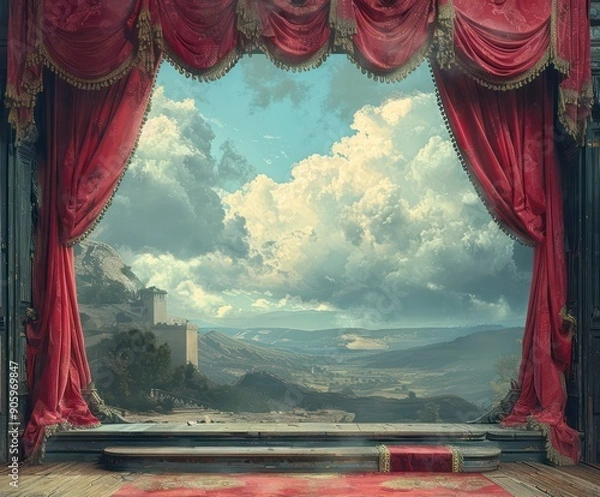 Fototapeta theatrical vintage stage with a landscape in the backdrop, rich and intricate details