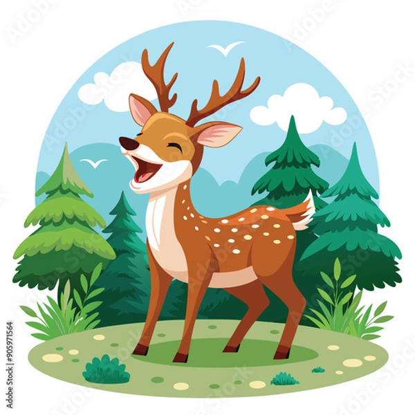 Fototapeta A Cartoon Deer with Antlers Smiling in a Forest Clearing