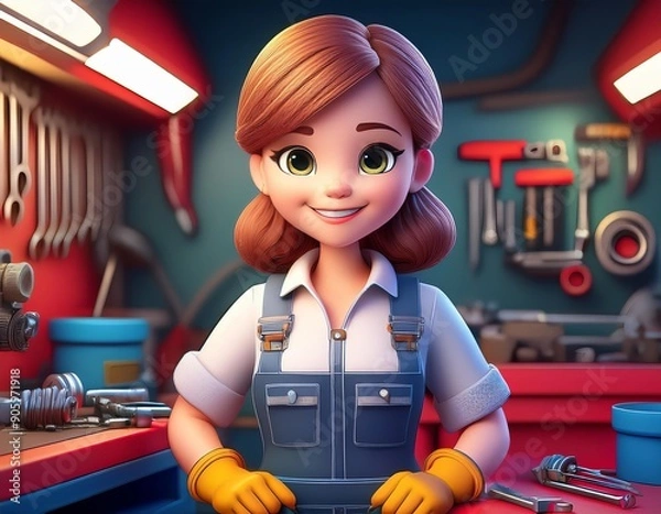 Fototapeta 3D smiling woman in overalls stands proudly in her garage workshop