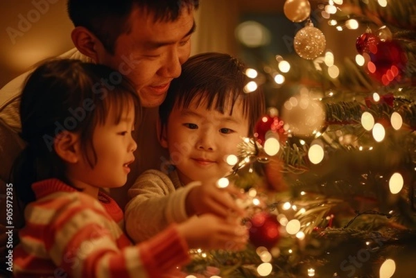 Fototapeta Asian dad and children decorating the Christmas tree together, stringing lights and ornaments