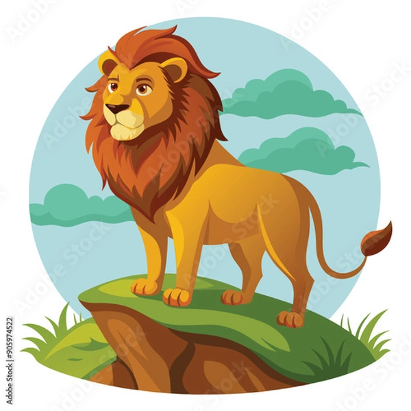 Fototapeta A Proud Lion Standing on a Cliff Top with a Blue Sky and Clouds in the Background