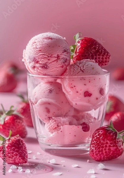 Fototapeta strawberry ice-cream scoops in a glass cup, very professional image on a appealing background