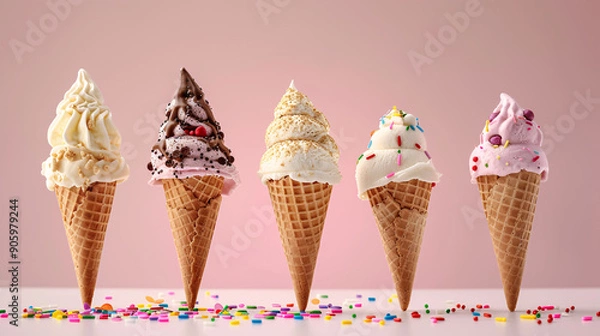 Fototapeta Ice cream cones with various toppings and sprinkles