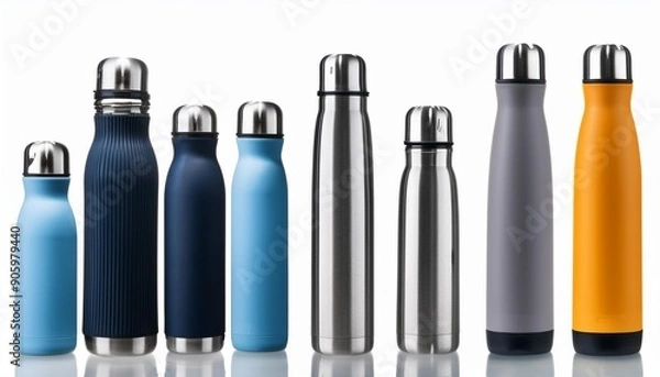 Obraz Set of various modern vacuum insulated thermos water bottles isolated on transparent background. 