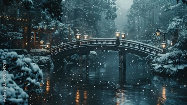 Fototapeta A wooden bridge over a calm river, lit by warm lantern light, in a snowy forest.