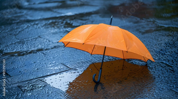 Fototapeta An open orange umbrella placed on the ground, surrounded by puddles, in the rain，umbrella and rain