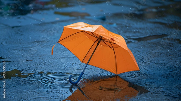 Fototapeta An open orange umbrella placed on the ground, surrounded by puddles, in the rain，umbrella in the rain