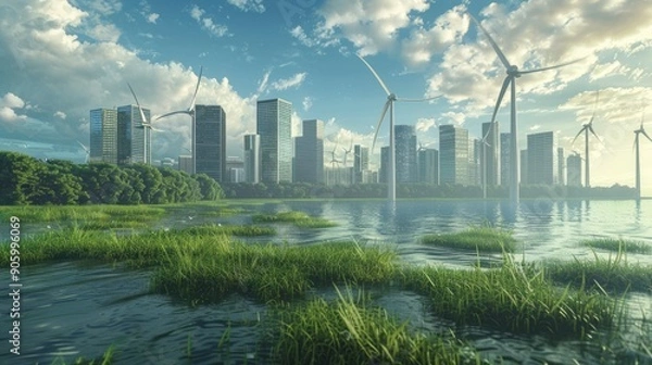 Obraz Cityscape with Wind Turbines and Lush Greenery