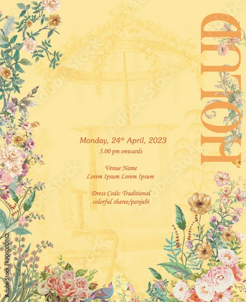 Fototapeta Wedding Holud Invitation Card Design with Wildflowers on a Yellow Background Vector Illustration.