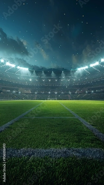 Obraz Modern Sports Stadium at Night with Empty Field Ready for the Game, a Vertical Format 3D Illustration for Social Media Sports Ads.