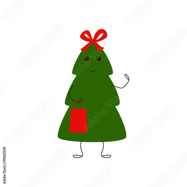 Obraz Funny Christmas tree character with bow and gift bag