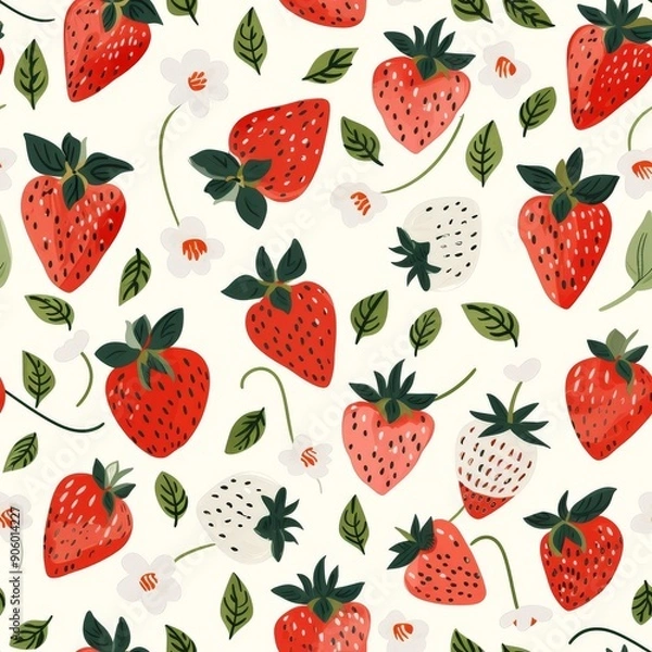Fototapeta Seamless pattern of handdrawn strawberries and flowers on a light background
