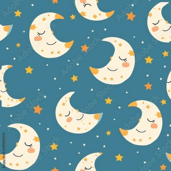 Fototapeta Seamless pattern with cute cartoon sleeping moons and stars on blue background